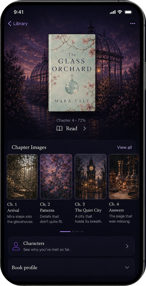 Lorely book detail screen with chapter image carousel and character entry.