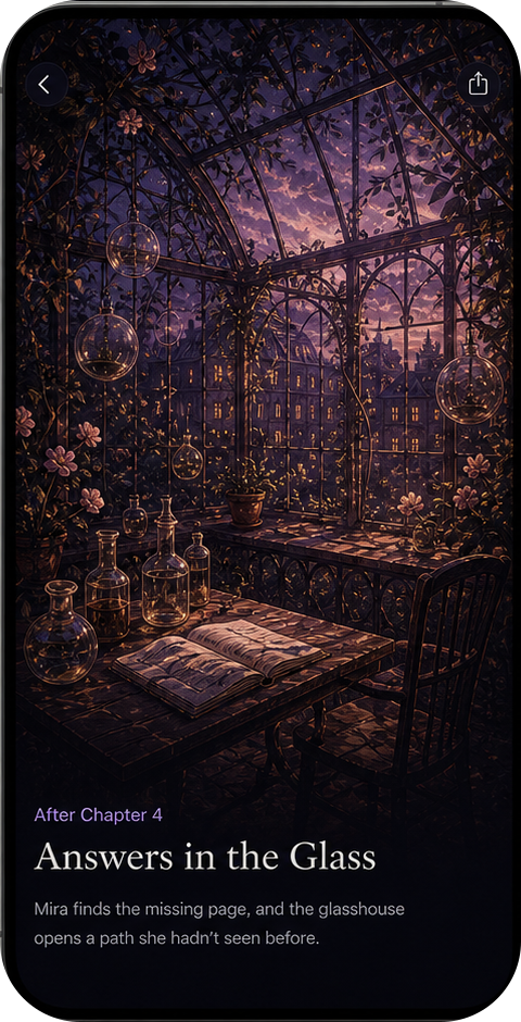 Lorely full-screen chapter image page with caption and share control.