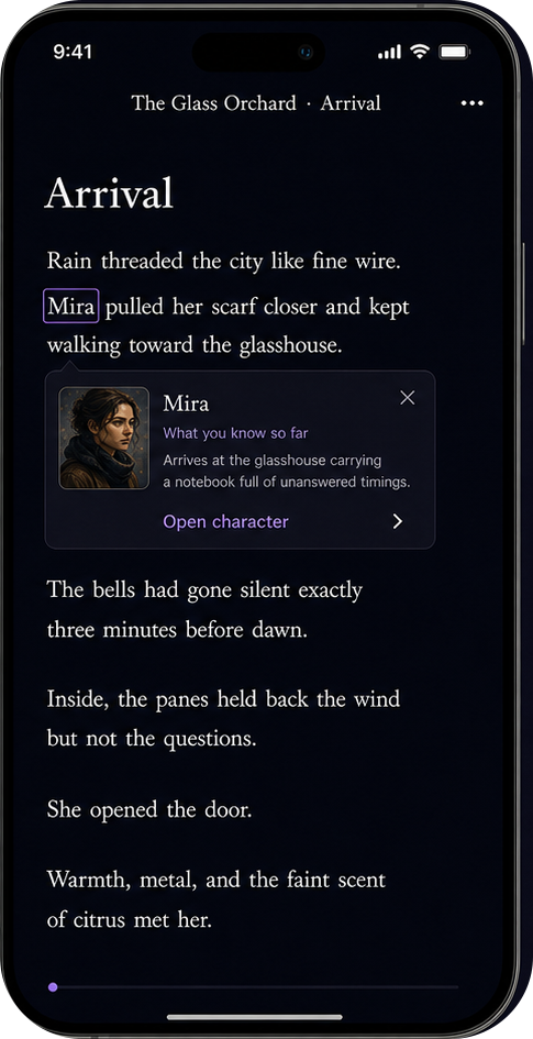 Lorely reader screen showing a character popover from text.