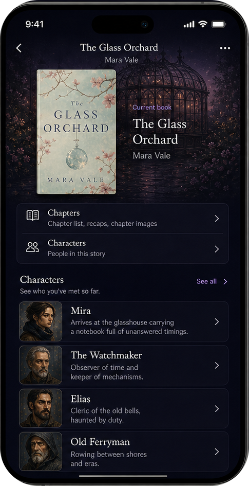 Lorely book screen showing character cards under the current book.