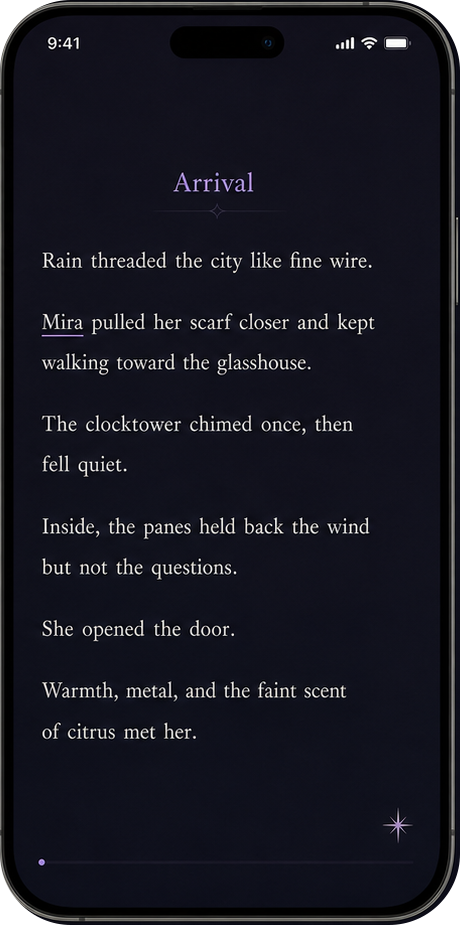 Lorely reader screen with clean text, small progress line, and quiet star control.