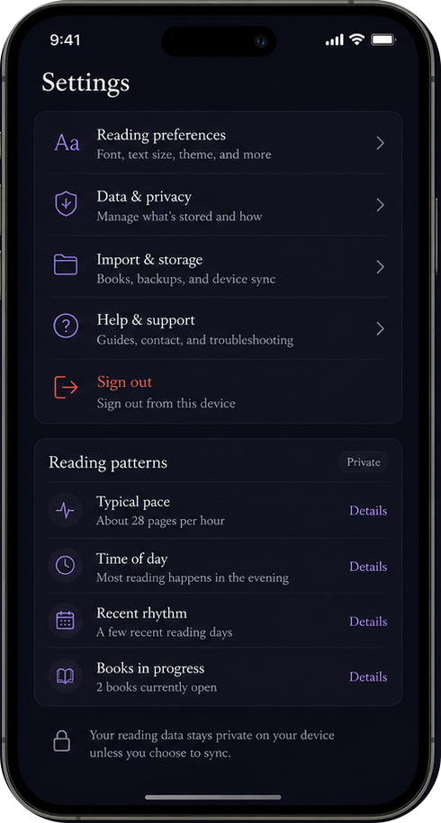 Lorely dark settings screen with reading preferences, privacy, storage, support, and reading patterns.